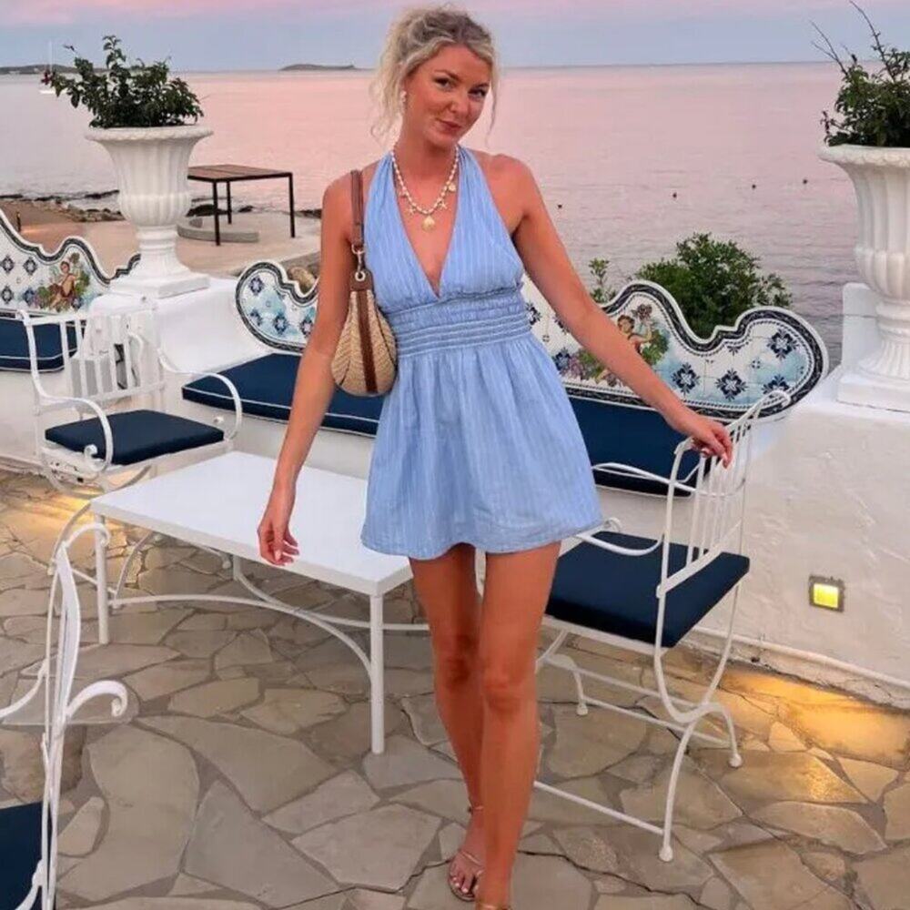 Zara NWT Blue White Plunge Halter Mini Dress M L - Picture 12 of 16